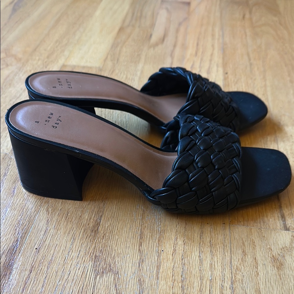 A New Day Black Mules with Woven Detail and Block Heel
